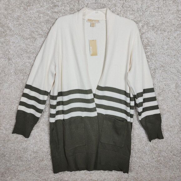 Michael Kors Cardigan Womens XL Striped Open Front Sweater Pockets Lightweight - Picture 1 of 11